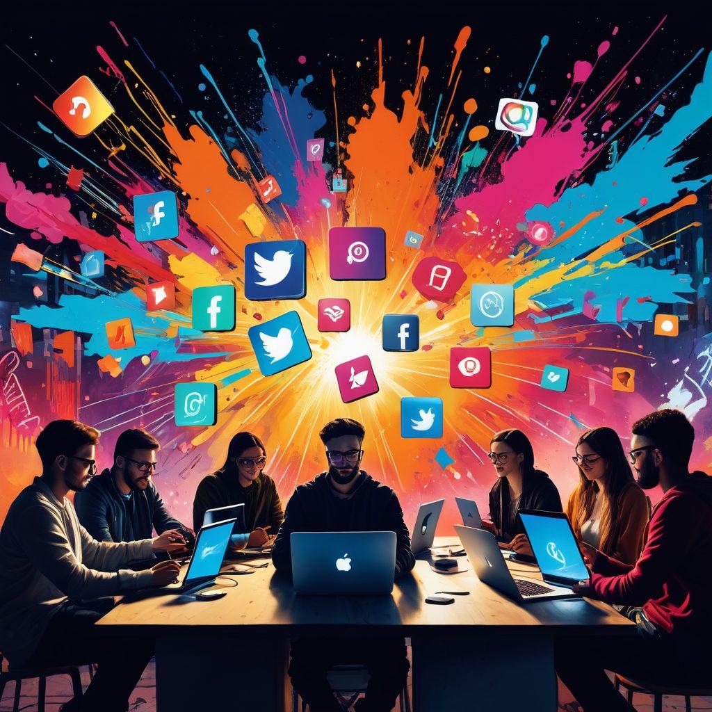 An abstract representation of diverse people engaging with digital devices, showcasing a blend of creativity and authenticity in content creation. Include elements of artistic expression, such as vibrant graffiti-style backgrounds and playful, unrefined graphics. Incorporate symbols of user-generated content like camera icons and social media logos to highlight the theme of breaking barriers. The atmosphere should feel energetic and inviting, celebrating individuality and innovation. vibrant colors. graffiti art style. dynamic composition.