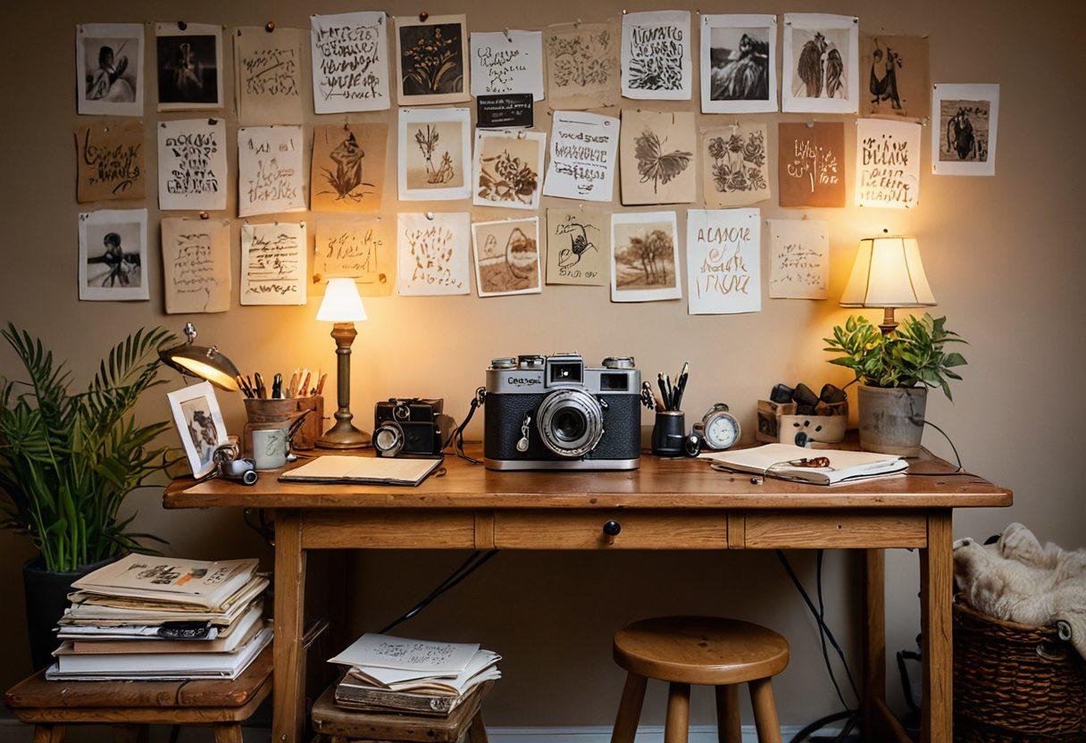 A cozy, eclectic workspace filled with unrefined yet authentic adult content creation tools, including a vintage camera, soft lighting, and scattered sketches. In the background, a wall adorned with inspirational quotes and amateur artworks, showcasing creativity and exploration. The scene should convey a sense of warmth, acceptance of imperfections, and the beauty of self-expression. soft-focus, warm colors, inviting atmosphere, artistic style.