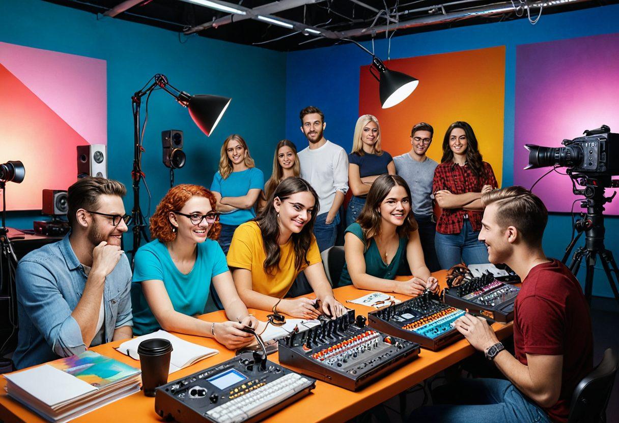 A vibrant and diverse group of amateur adult content creators collaborating in a colorful studio filled with creative tools and equipment. Emphasize their passion and innovation with bright lights, artistic elements, and a sense of freedom in expression. Include symbols of various hobbies such as cameras, artwork, and technology that connect to their creative journey. super-realistic. vibrant colors. 3D.